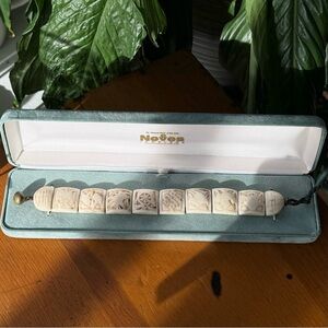 Vintage Buddhist Eight Auspicious Symbols Hand Carved Bone Panel Bracelet 8”